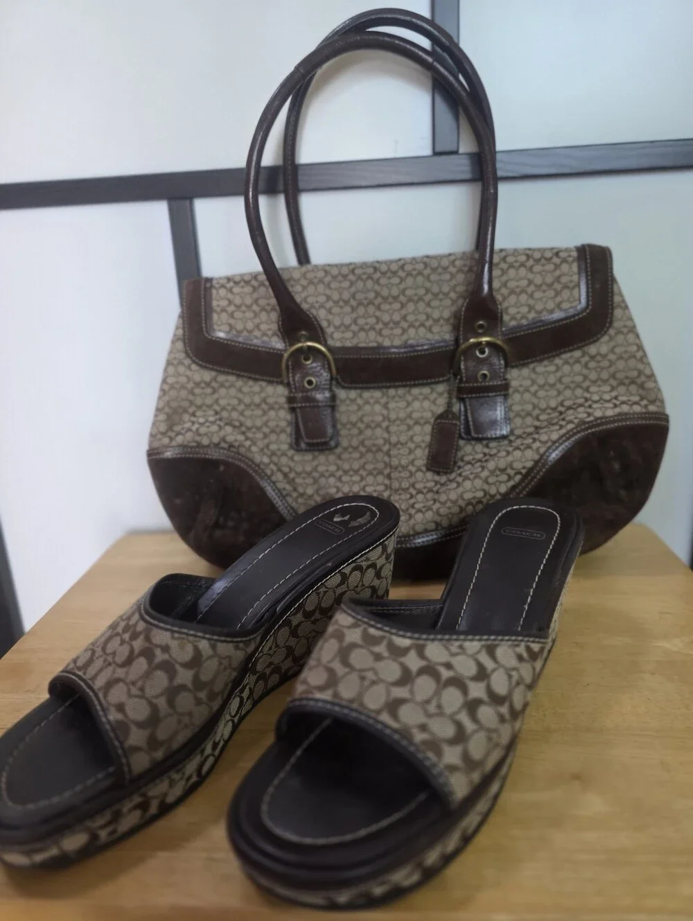 Coach Tote Bag & Matching Wedge Sandals Slides Shoes Brown Signature C Size 11